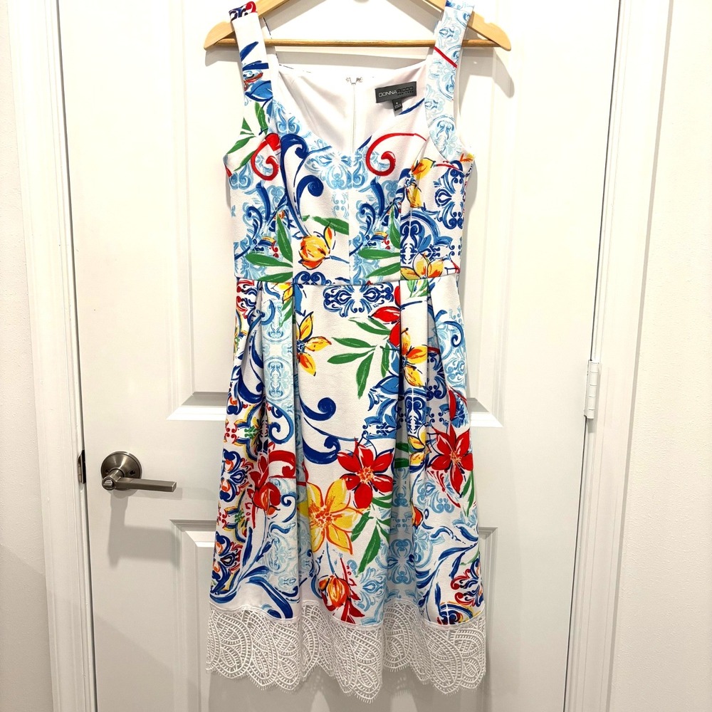 Donna Ricco | Ivory Multi Swirl Floral Lace Hem Tea Dress Sz 6
